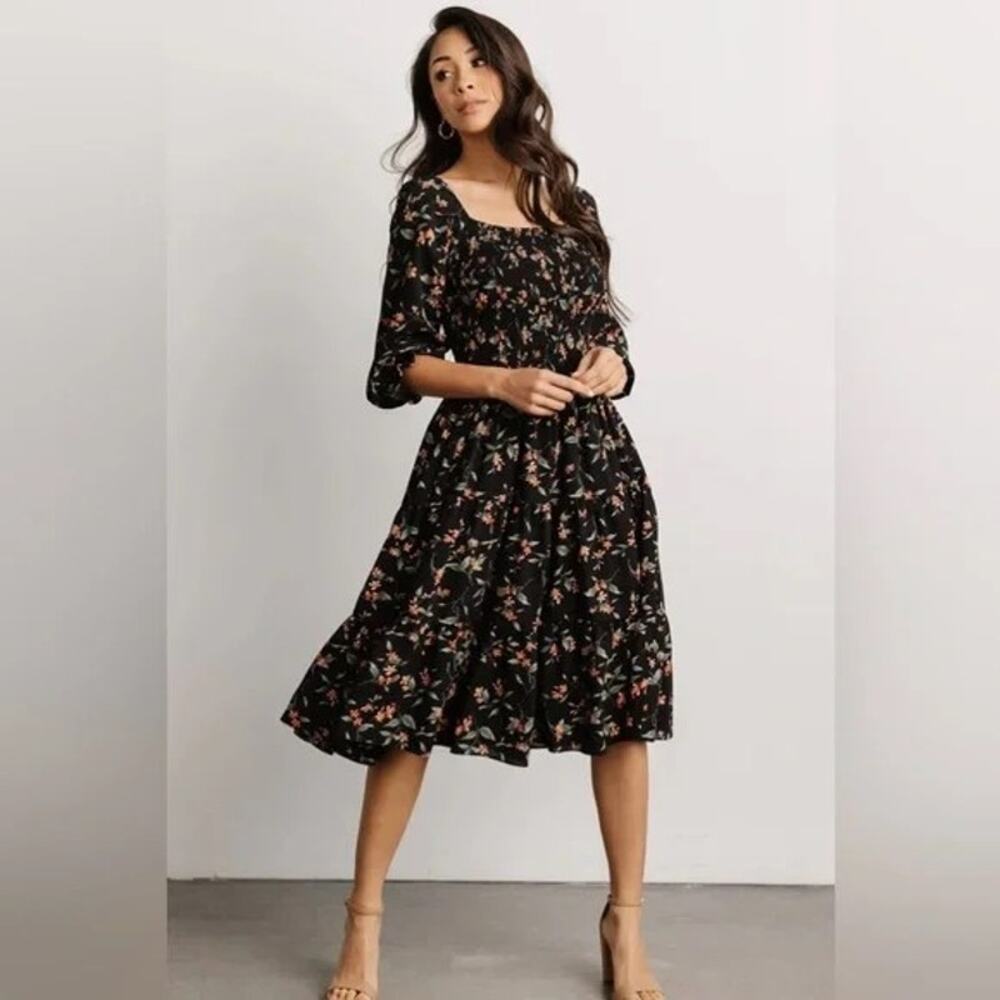 Baltic Born Marta Black Floral Midi Dress XL Smocked Tiered & Square Neck